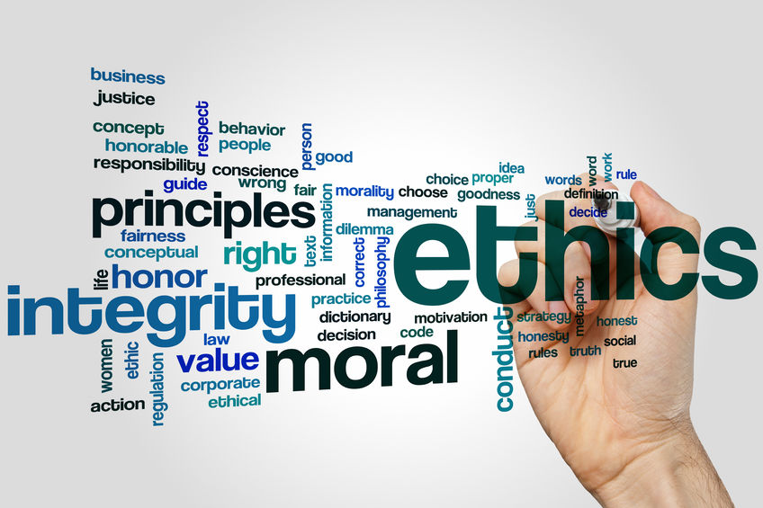 word cloud with lots of words relating to ethics