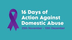 Purple ribbon beside words - 16 days of action against domestic abuse