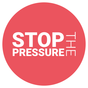Red circle with the words STOP THE PRESSURE inside