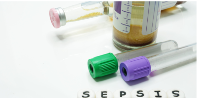 Test tubes, medicine bottles and the word Sepsis spelled out in cubes